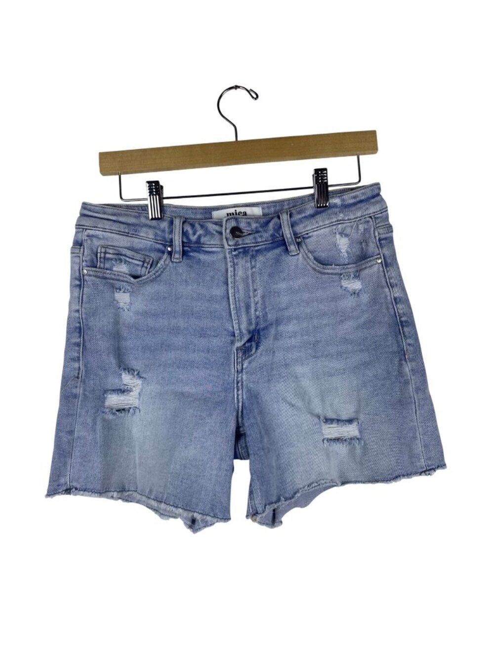 Mica Denim High Rise Distressed Midi Shorts Women's Medium Raw Hem Distressed